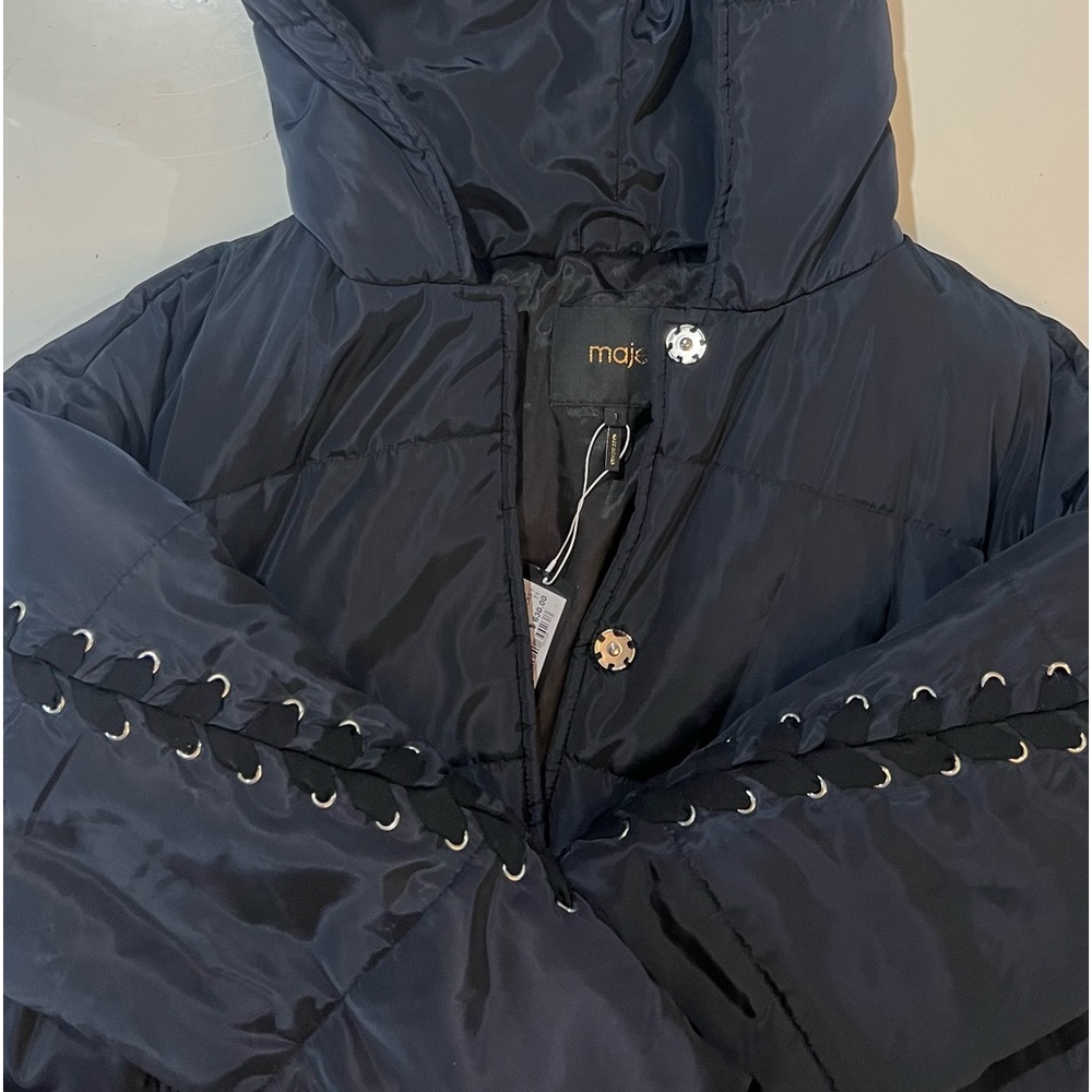 Maje Gorgeous Navy Long Faux Down Jacket with a fun crisscross arm & back detail